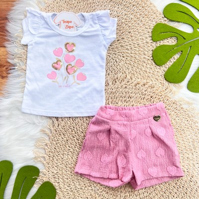 Conj. Blusa So Cute e Short Corações - Branco e Rosa